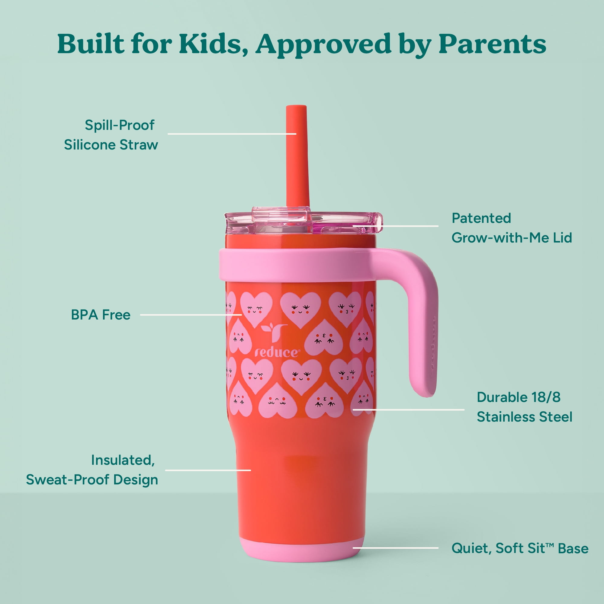 Reduce Coldee Kids Tumbler with Spill-Proof Straw & Handle. Insulated Stainless Steel 18 oz, Lovey