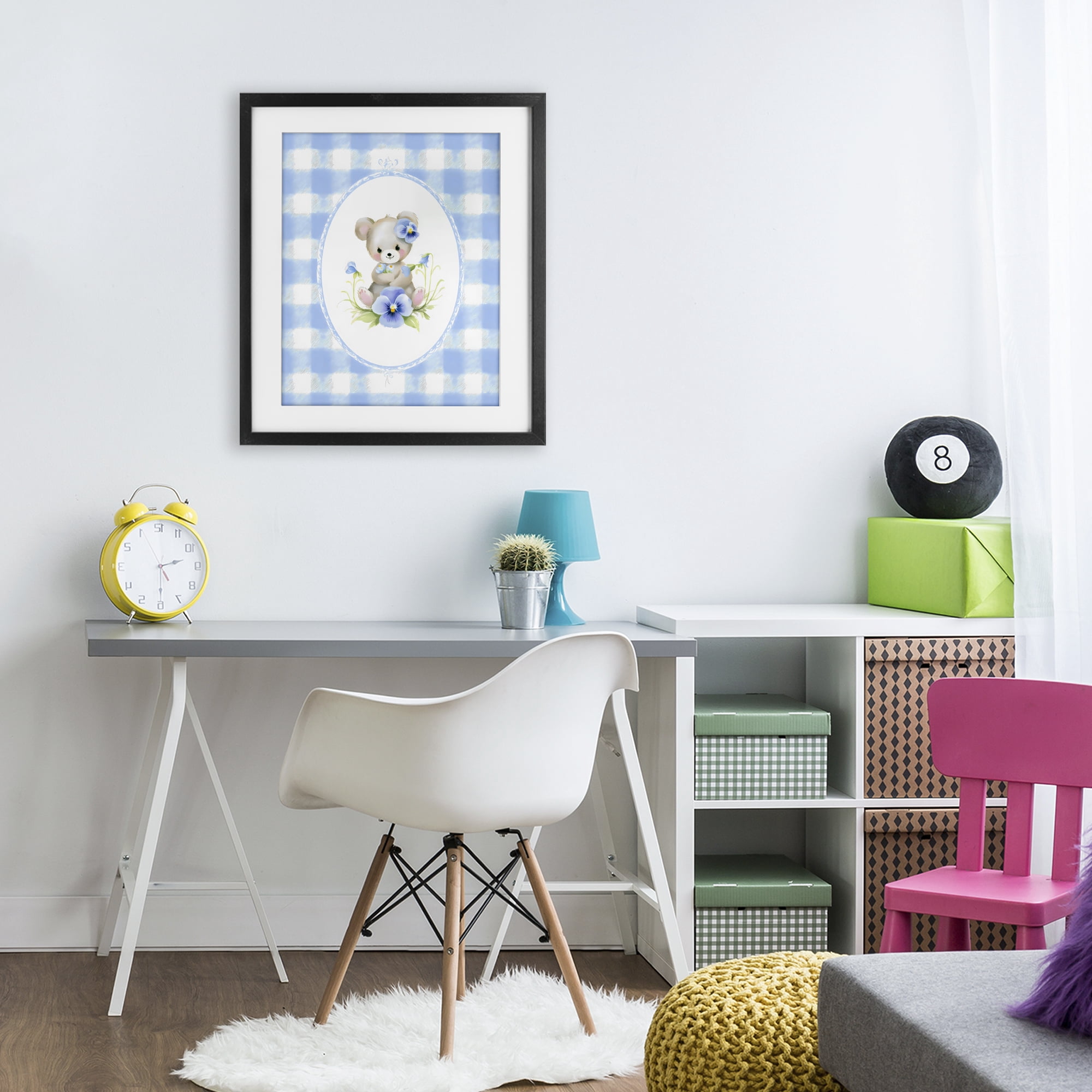 Stupell Industries Little Bear Blue Gingham Black Framed Print Under Glass, design by Arlington Prints
