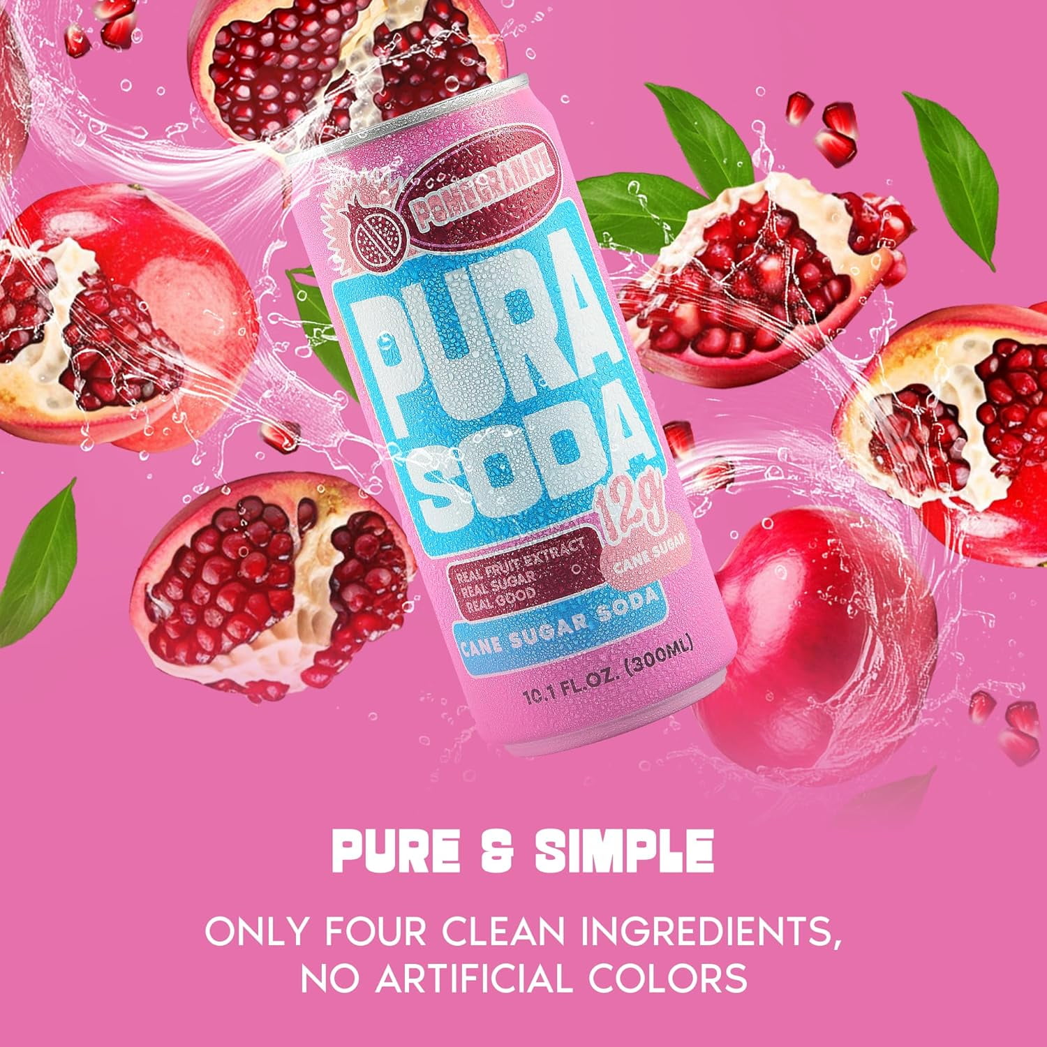 PuraSoda® Pomegranate | Low-Calorie, Cane Sugar Soda Beverage | Non-GMO, Vegan | Made with Pure Cane Sugar, No Preservatives | 10.1 fl oz (300ml) Cans, 24-Pack
