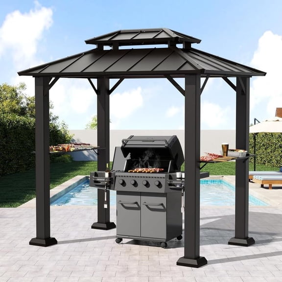 SOLUMIA 8'x6' Grill Gazebo with Double Roof, Aluminum Frame, Side Shelves, Galvanized Steel, for Patio, Backyard, Black