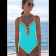 thumbnail image 4 of Traje de Baño de una Pieza para Mujer, con Control de Abdomen, Escote en V Profundo, Neón, Traje de Baño con Lazo en la Espalda, Verano 2025. Azul L, 4 of 6