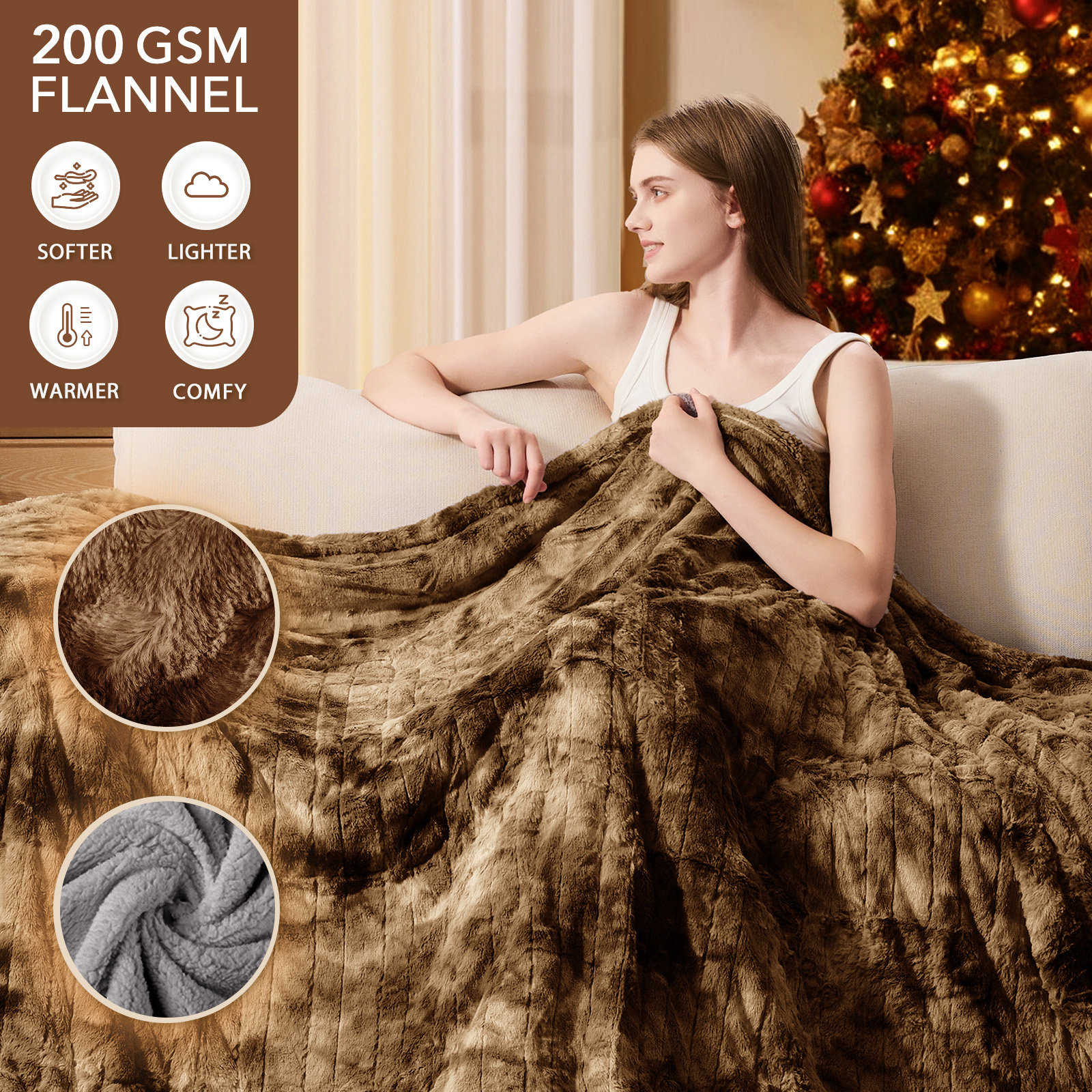 Electric Heated Throw Blanket 50"x60",Luxury Chocolate Faux Fur Electric Blanket,Fast Heating Soft Fluffy Thick Electric Blanket with 5 Heating Levels & 10H Auto Off