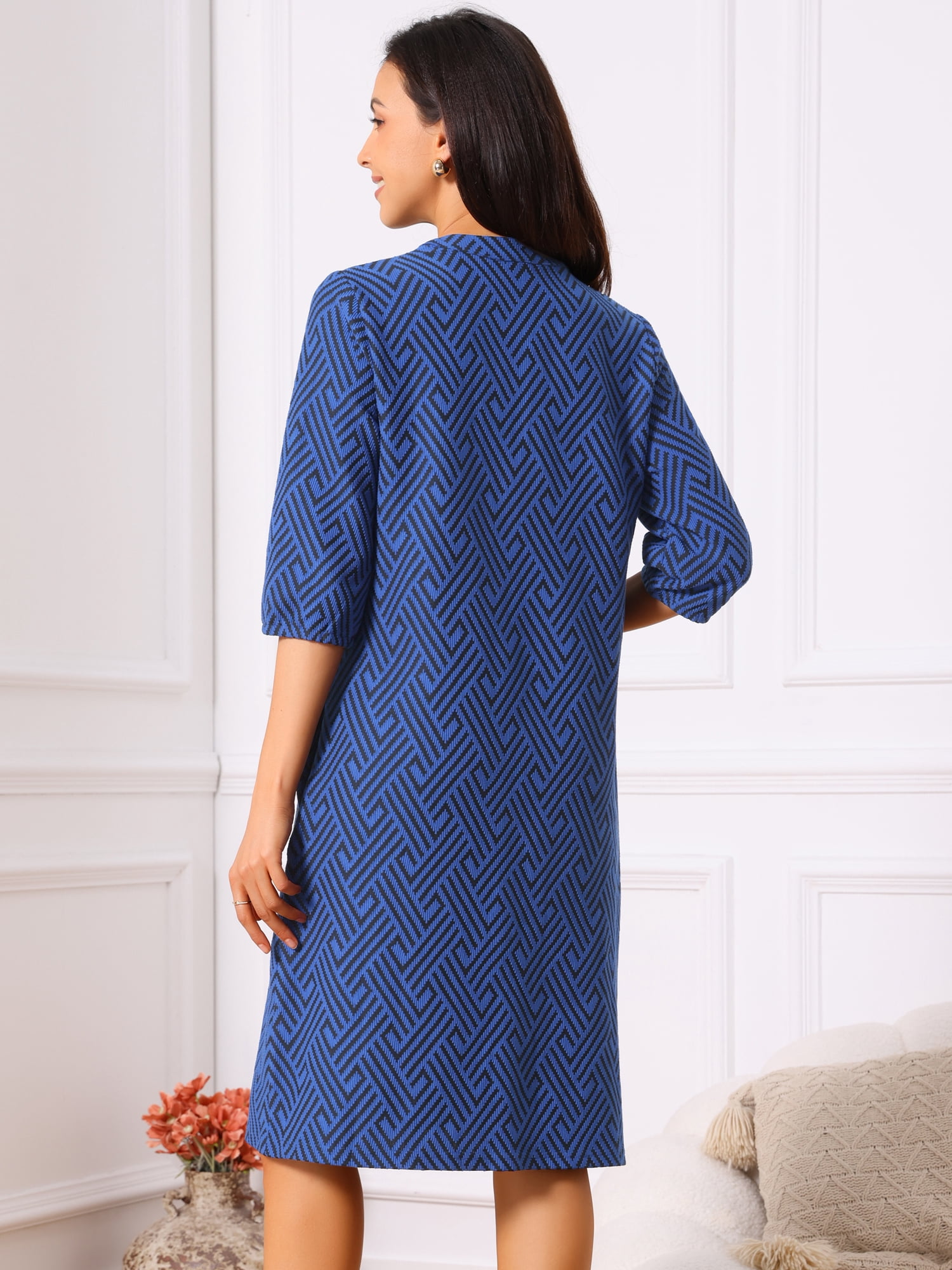 DARING DIVA Women's 3/4 Sleeve V Neck Zigzag Print Dress XL Royal Blue