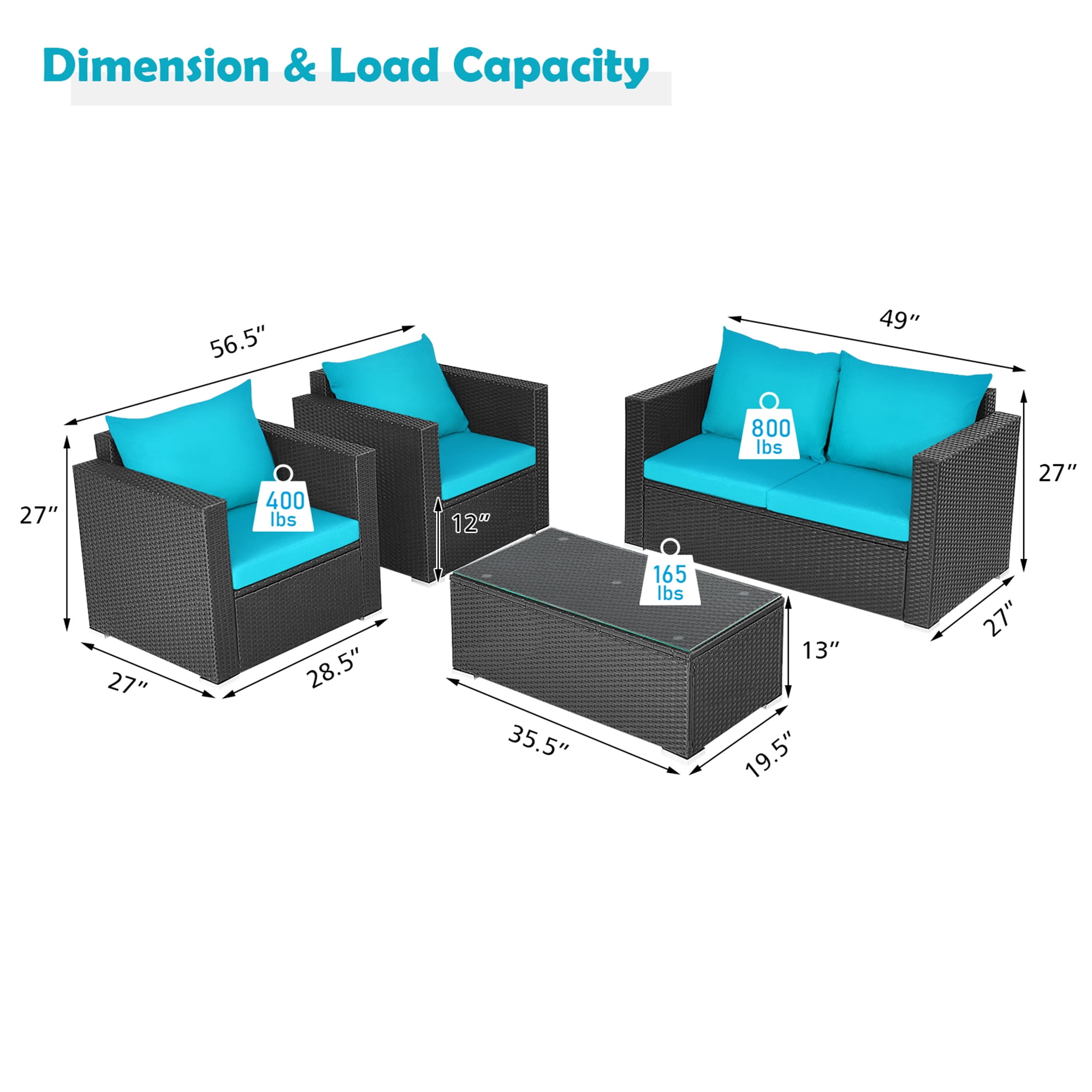 Gymax Fashion 4PC Rattan Patio Furniture Set Outdoor Wicker With Turquoise Cushion