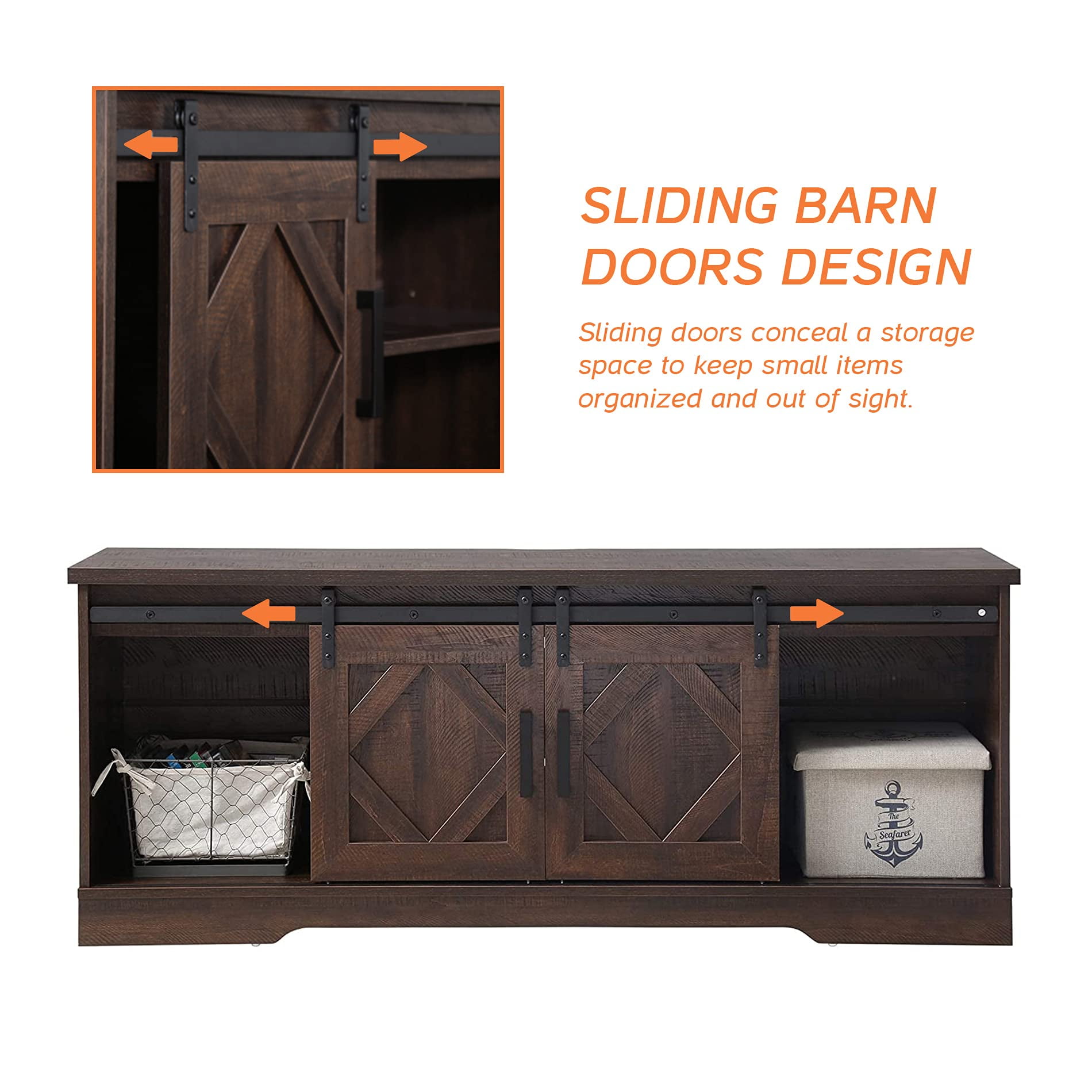 WAMPAT Farmhouse TV Stand with Sliding Barn Doors, Media Console with 3-Tier Adjustable Shelf for TVs up to 65", Rustic Wood Entertainment Center for Living Room,Rustic Brown