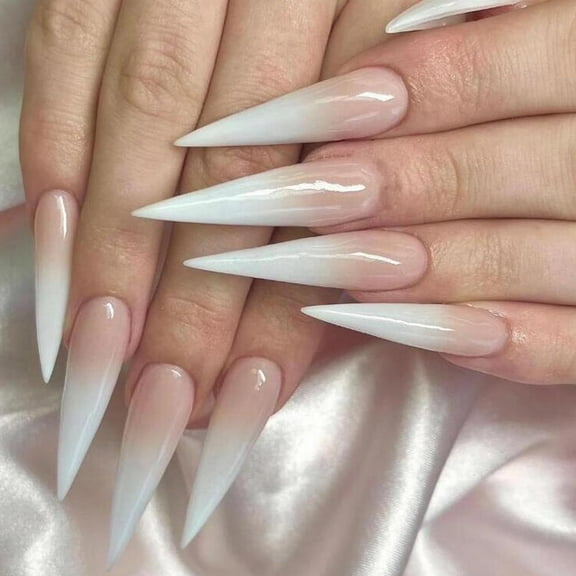 Press on Nails Long Stiletto Fake Nails Glossy Glue on Nails Almond Acrylic Nails Nude Pink White Gradient Arificial Nails Natural Ombre False Nails with Design 24 pcs 02907Nude 0.04 Fl Oz (Pack