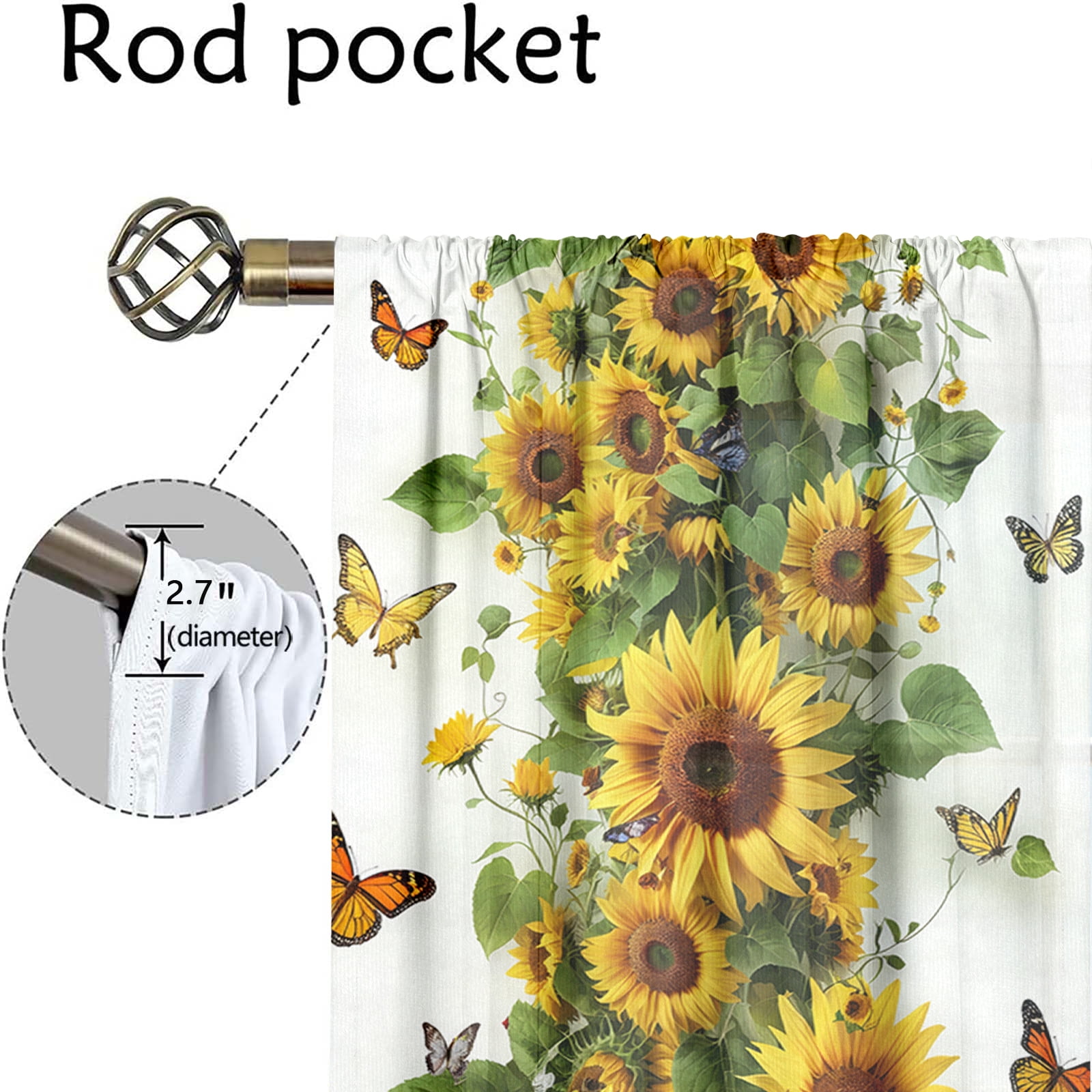 WNOOHIY Rural Natural Butterfly Sunflower Green Branches Light-filtering Window Curtains for Bedroom and Living Room, Set of 2 Panels