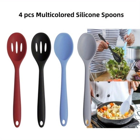 Kitchen Cooking Spoons 4-Pack - 10.6 Inch Silicone Nonstick Utensils, Heat Resistant Slotted Spoons for Mixing & Stirring (Mixed Colors)