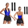 thumbnail image 6 of iiniim Women Sequins Latin Dance Outfits Sleeveless Tassel Leotard Fringed Tango Salsa Dance Dress with Gloves Blue L, 6 of 7