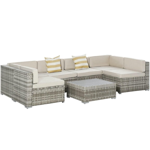 GVN Outdoor Seating Sets,Garden Conversation Sets,7-Piece Outdoor Wicker Patio Sofa Set, Modern Rattan Conversation Furniture Set with Cushions, and Tea Table, Beige