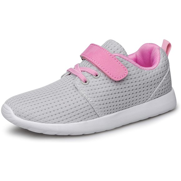 TOEDNNQI Boys Girls Sneakers Kids Lightweight Breathable Strap Athletic Running Shoes for Toddler/Little Kid/Big Kid 178-Grey/Pink Size 2