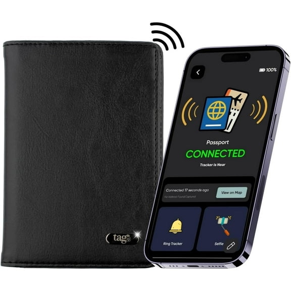 DOLPHIN Smart Passport Holder, Android and iOS Compatible, Genuine Leather Passport Cover with BLE Tracker and RFID Blocking Technology, Passport Wallet and Case for Cards and Cash, Black - tag8