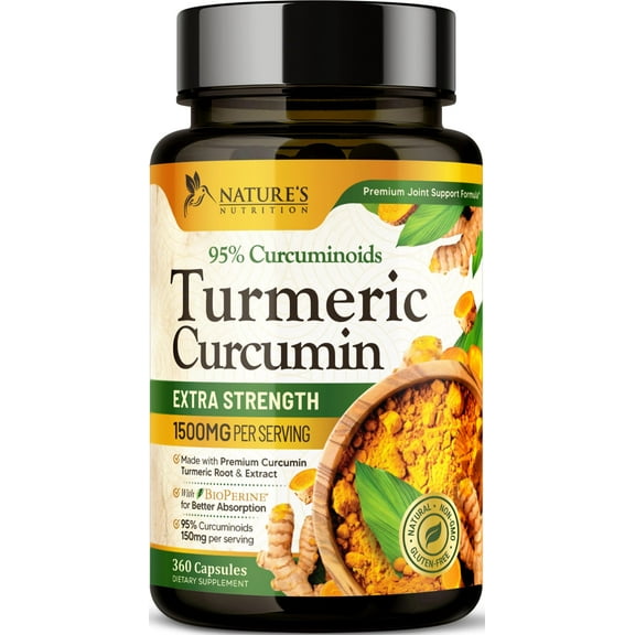 Turmeric Curcumin Supplement 1500mg - Organic Tumeric & BioPerine Black Pepper for Best Absorption with 95% Curcuminoids, Nature's Joint & Immune Support, Non-GMO, Bottled in USA - 360 Capsules