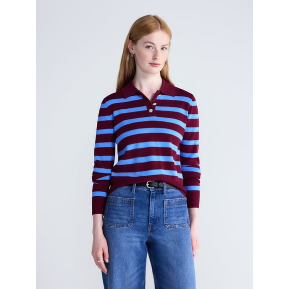 Free Assembly Women's and Women's Plus Polo Sweater with Long Sleeves, Lightweight, Sizes XS-4X