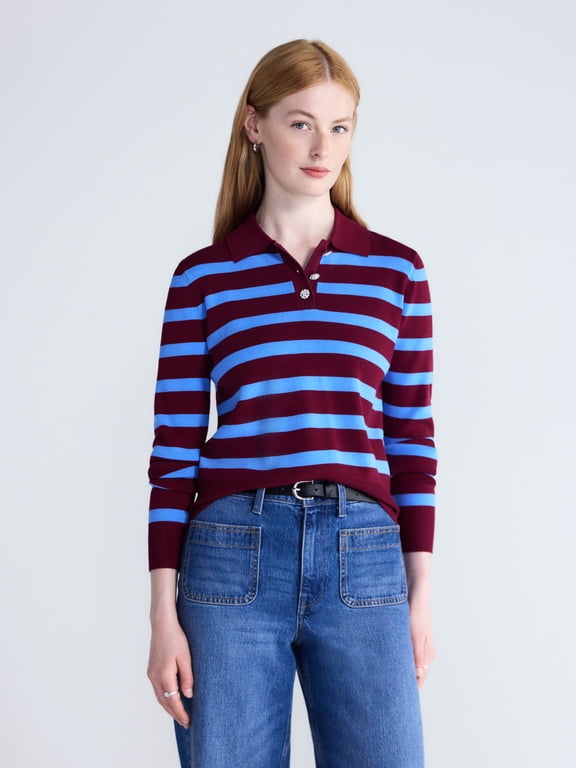 Women's and Women's Plus Polo Sweater with Long Sleeves, Lightweight, Sizes XS-4X