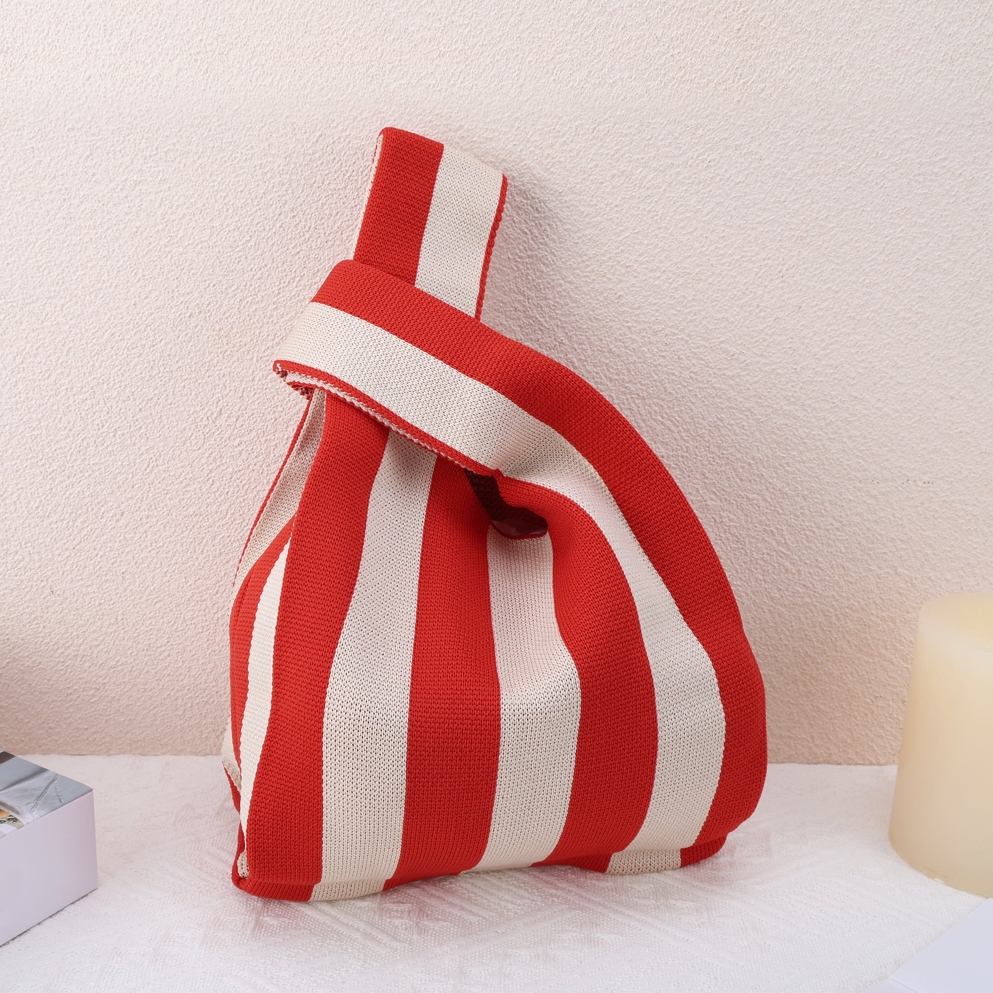 Unique Bargains Vertical Stripes Knitted Wrist Bag Beige Red 1 Pc