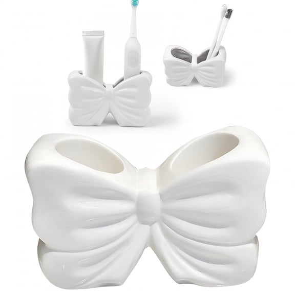 ACDANC Ceramic Toothbrush Holder With Bow Design Elegant Bathroom Organizer For Toothbrushes&Toothpaste Glossy Vanity Storage (5.32.23.5"es) (White)