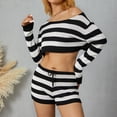 thumbnail image 3 of KOMOO Women Two Pieces Knitted Shorts Set Solid Color Stripe Long Sleeve Crop Tops High Waist Short Sets Knit Outfits, 3 of 9