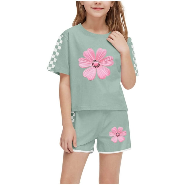 IFNWSV Ensembles d'Été pour Filles Mode Décontractée Manches Courtes Col Rond Col Bouton Imprimé Ensembles de Shorts 7 Ans