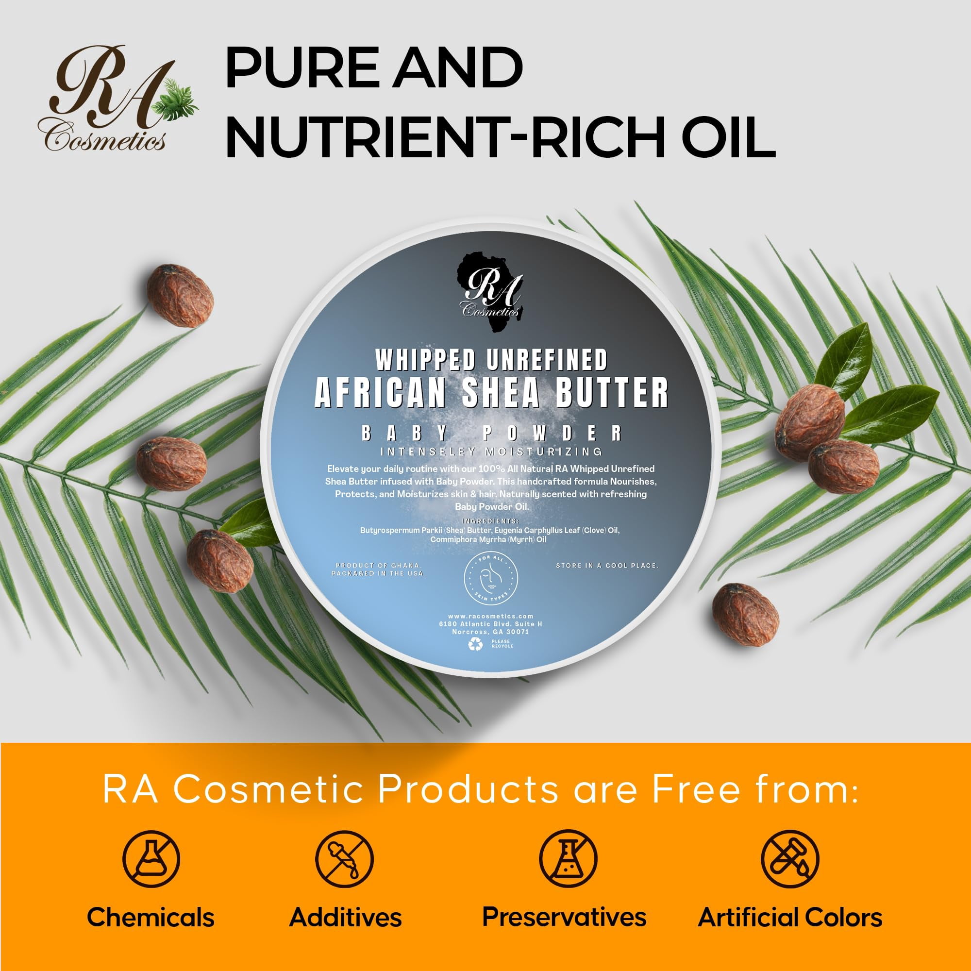 RA COSMETICS Whipped Shea Butter Baby Powder - 100% Pure and Natural African Shea Butter - Ultimate Handcrafted Moisturizer with Essential Vitamins for Radiant Skin and Luscious Hair - 12oz Jar