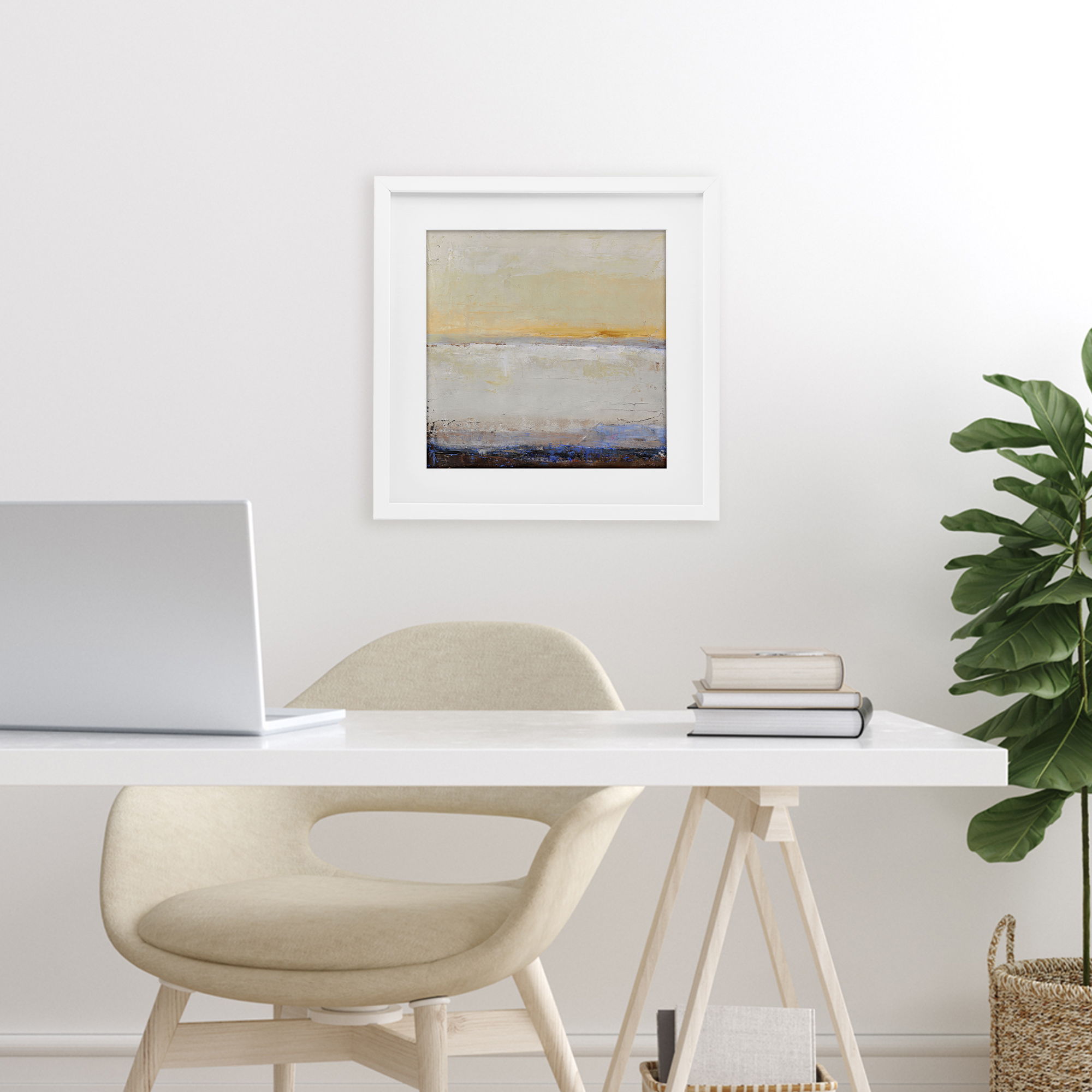 Sweeping Subtle Horizon White Framed Print Under Glass, design by Design Fabrikken