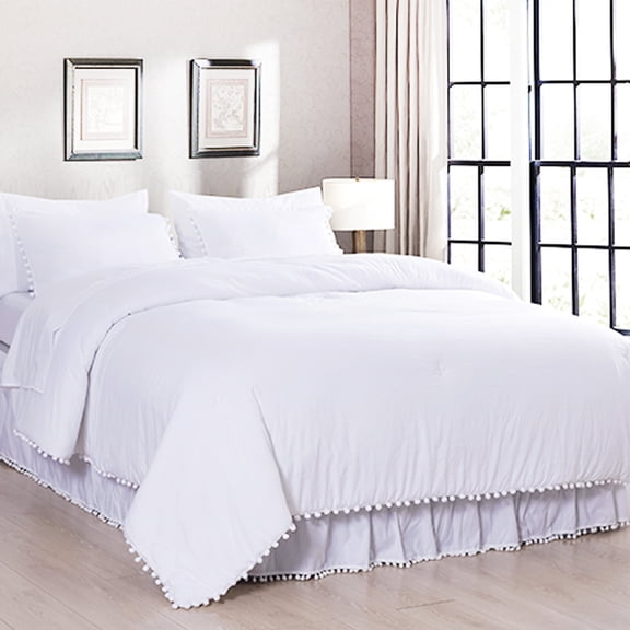 Lady Ann 3-Piece White Boho Pom Pom Comforter Set, King