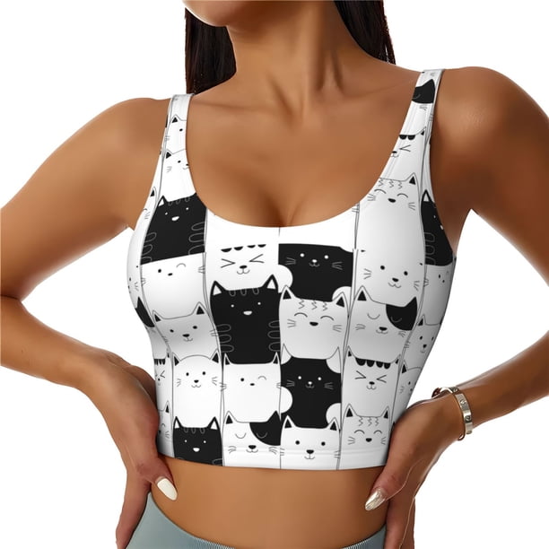 Fotbe Doodle Cute Cat Sujetador Deportivo Largo sin Aros para Mujer con Almohadillas y Soporte Medio, Transpirable y Absorbente, Camiseta Tipo Chaleco o Tank Top-Small