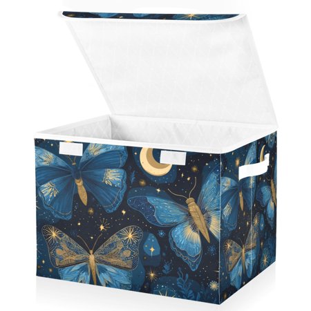 Foldable Fabric Storage Bin With Handle Collapsible Basket Box Storage With Lid Organizer Butterflies and Moon