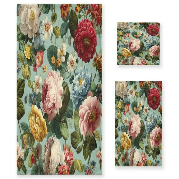 3 Piece Bath Towels Set Bath Towel, Hand Towel and Face Towel for Bathroom, Gym, Hotel Floral Pattern with Roses
