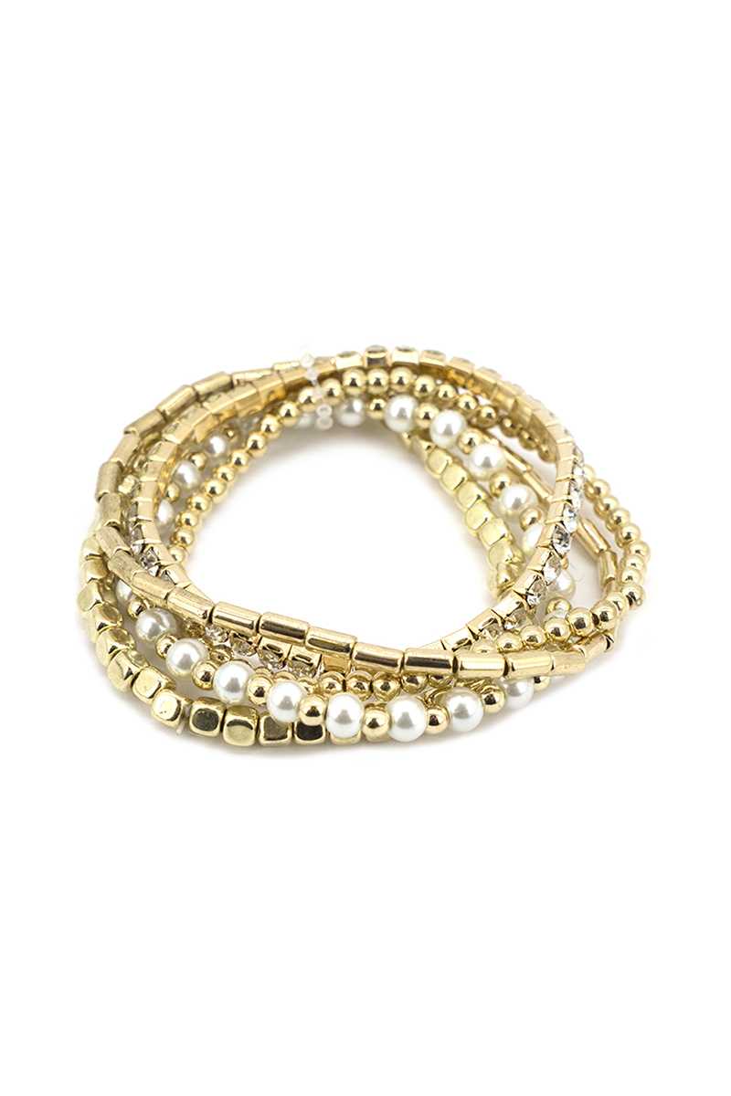 Fashion Metal Pearl Bead Stretch Multi Bracelet Gold