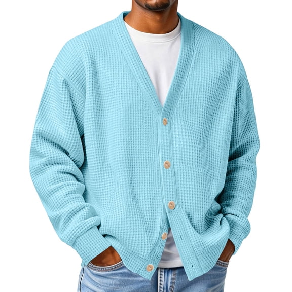 Lumtrix Mens Cardigan Sweater Textured Waffle Knit Long Sleeve Open Front Tops Lightweight Casual Button Down Cardigan Light Blue 5XL