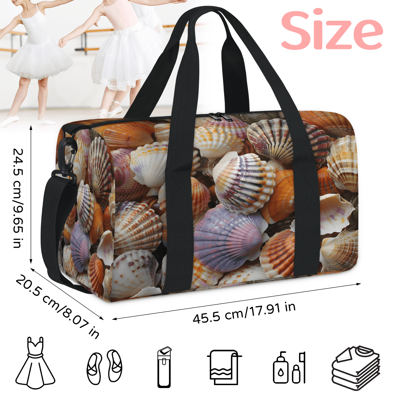 Herdesigns Seashells Beach Themed Gym Bag for Women, Duffle Bag for Travel Sport, Lightweight Waterproof Carry on Weekender Overnight Dance Yoga Workout Bags