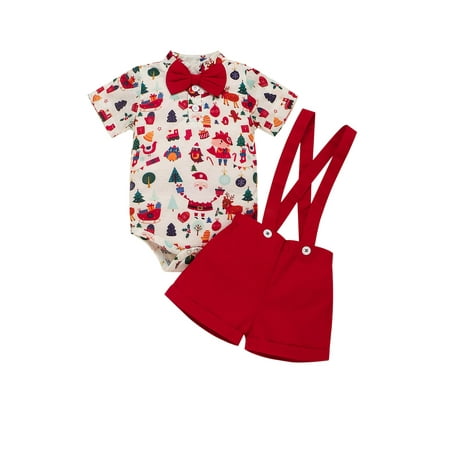 

Baby Boy s Summer Outfit Short Sleeve Christmas Cartoon Print Romper + Solid Color Suspender Shorts