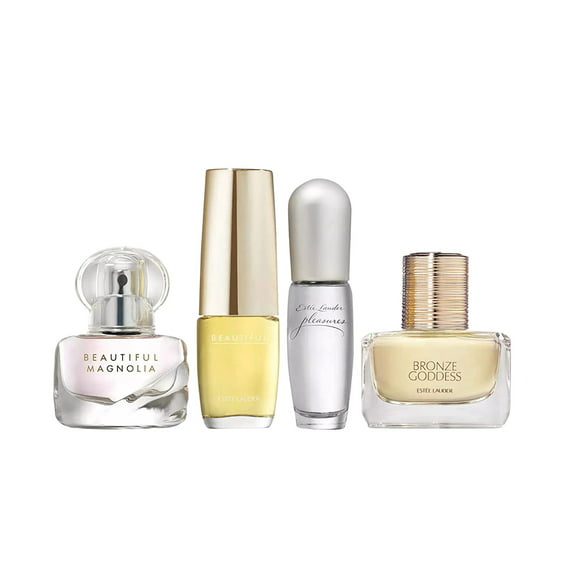 Estee Lauder Fragrance Treasures 4-Piece 2022 Holiday Gift Set: Beautiful, .16 oz./4.7ml, Beautiful Magnolia, .14 oz./4ml, Pleasures, .14 oz./4ml, Bronze Goddess, .14 oz./4ml