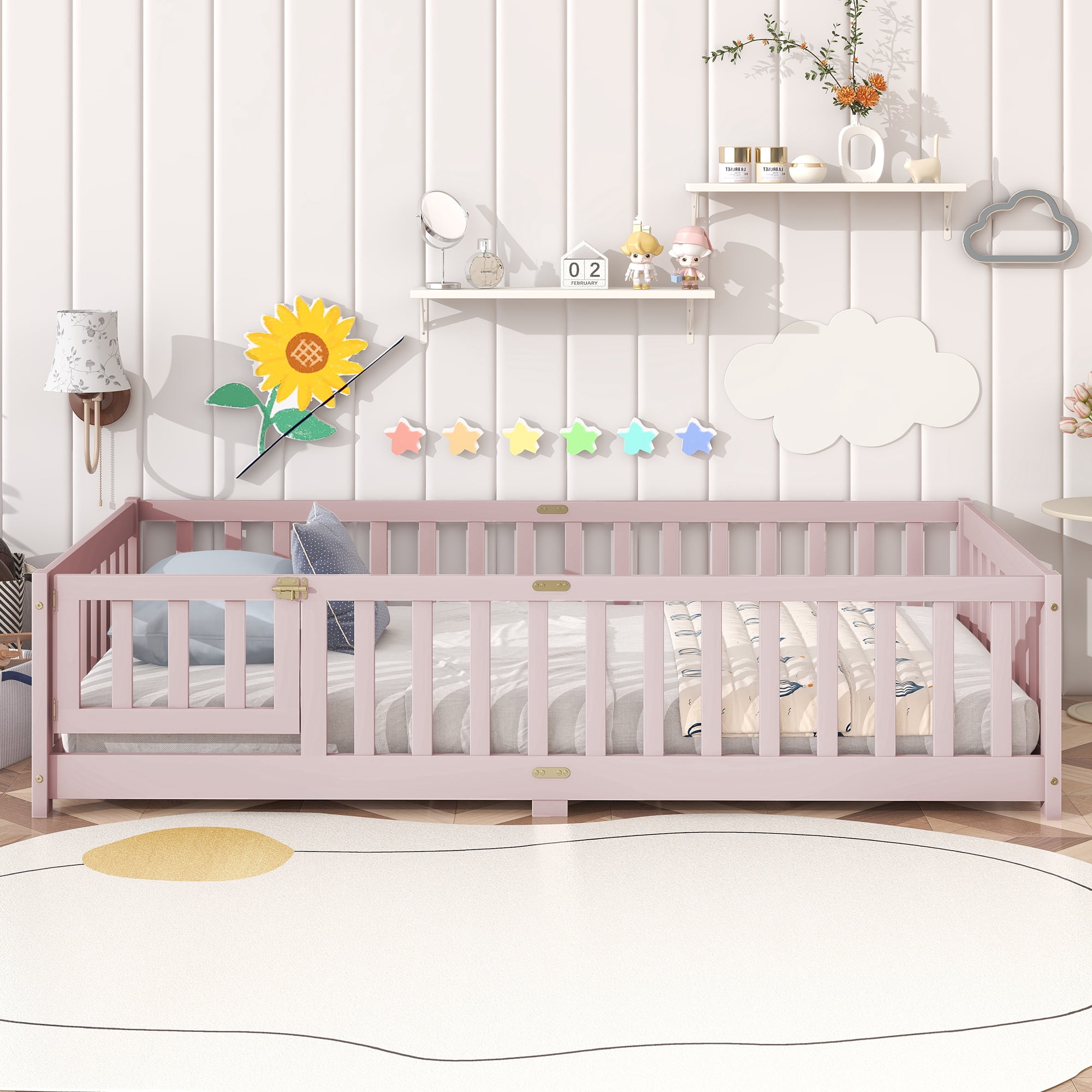 Sailvan Twin Floor Bed with Fence and Door, Solid Rubber Wood Kids Platform Bed Frame Pink