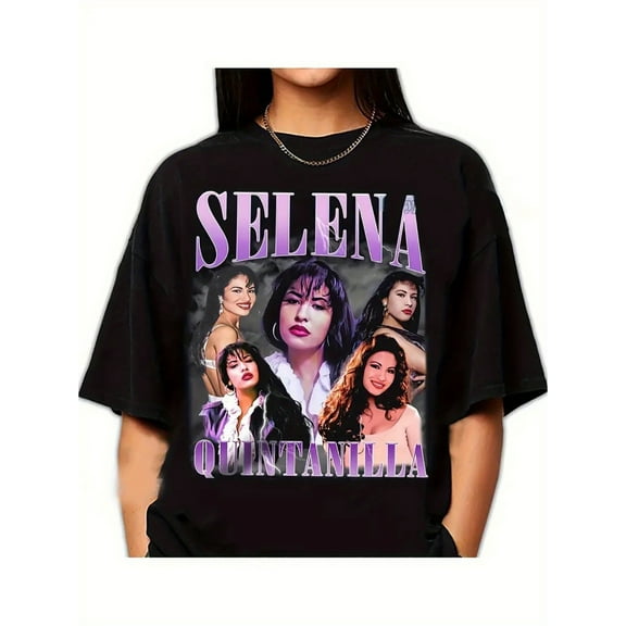 Women's Retro Graphic T-Shirt | Selenna Quintanilla Design | Casual Cotton Tee | Bold Purple & Black | Round Neck | All-Season Wear | Machine Washable | Versatile Fashion Top, Ladies Leisure Tees
