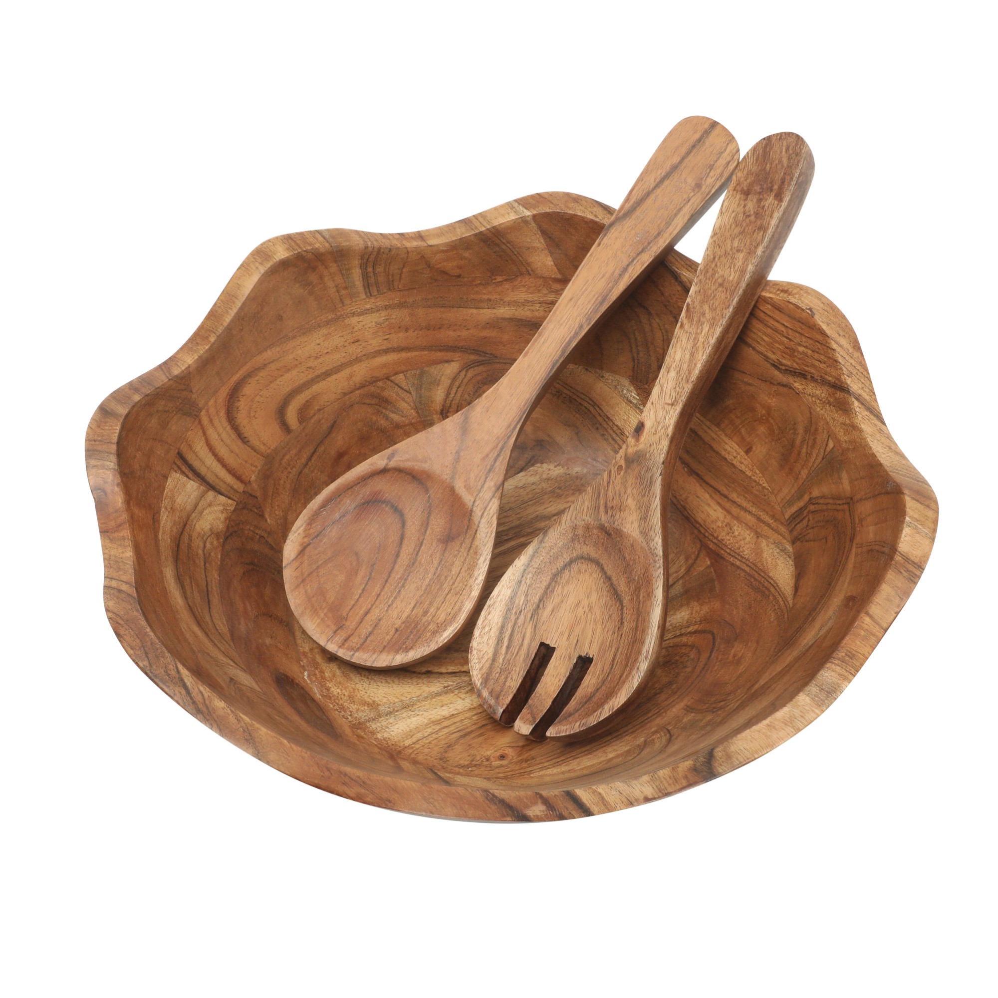 Gibson Home Sandhurst 3-Piece Acacia Wood Salad Bowl Set – 12-Inch Scalloped Serving Bowl with Wooden Salad Servers