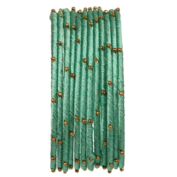 NEW! Sunsoul By Touchstone "Silk Thread Bangle Collection" Indian Bollywood Handcrafted Faux Silk Thread with Golden Beads Exotic Passionate Mint Green Designer Bangle Bracelets Set of 12 For Women.