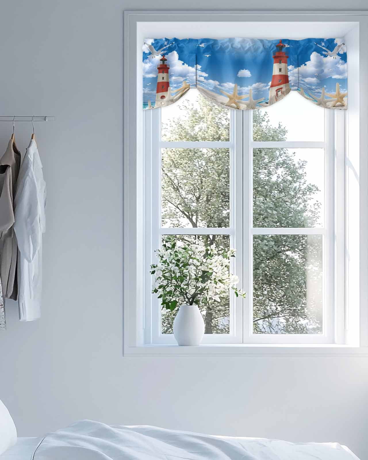 Lighthouse Seagull Tie Up Valances Curtain, Adjustable Kitchen Starfish Summer Beach Sandy Valances for Windows Decor, Rod Pocket Short Curtains Set for Bedroom/Bathroom, 54"x18"