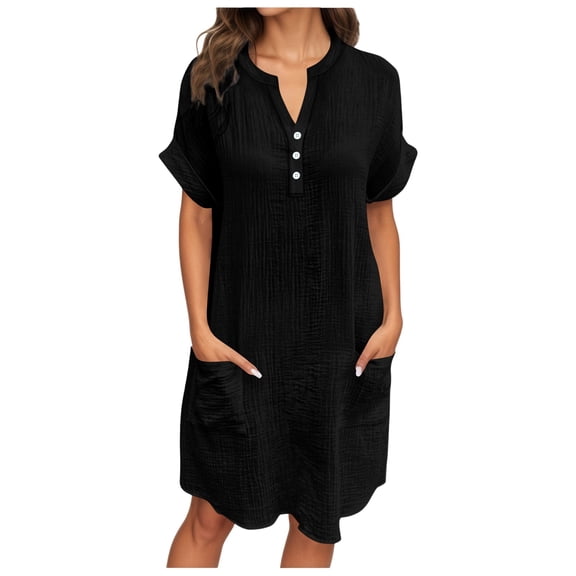 Afdoent Dresses For Women 2026 Casual V Neck Dress With Pockets And Buttons Comfortable Everyday Spring Summer Dress Flowy Relaxed Fit Travel Outfits
