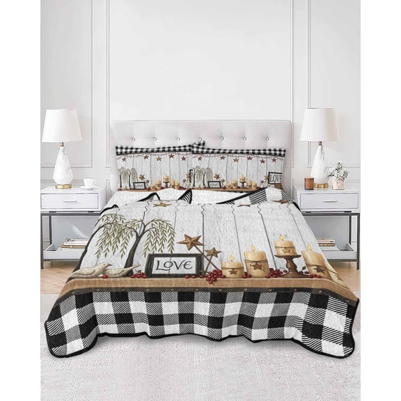 Quilts King Size, Texas Star Tree Soft Comforter Bedding Set for Bed, Farmhouse Candles Birds Berry Black Plaid Lightweight Quilted Bedspread with Pillow Cover(2 Pieces) for All Season, 96x106 Inch