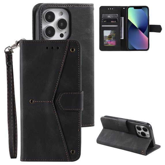 PU Leather Wallet Case for iPhone 14 Pro Max, Detachable Wrist Hand Strap Magnetic Clasp Flip Folio Cover with Card Slots Cash Holder Kickstand Soft Silicone Shockproof Anti-Scratches Case,Black