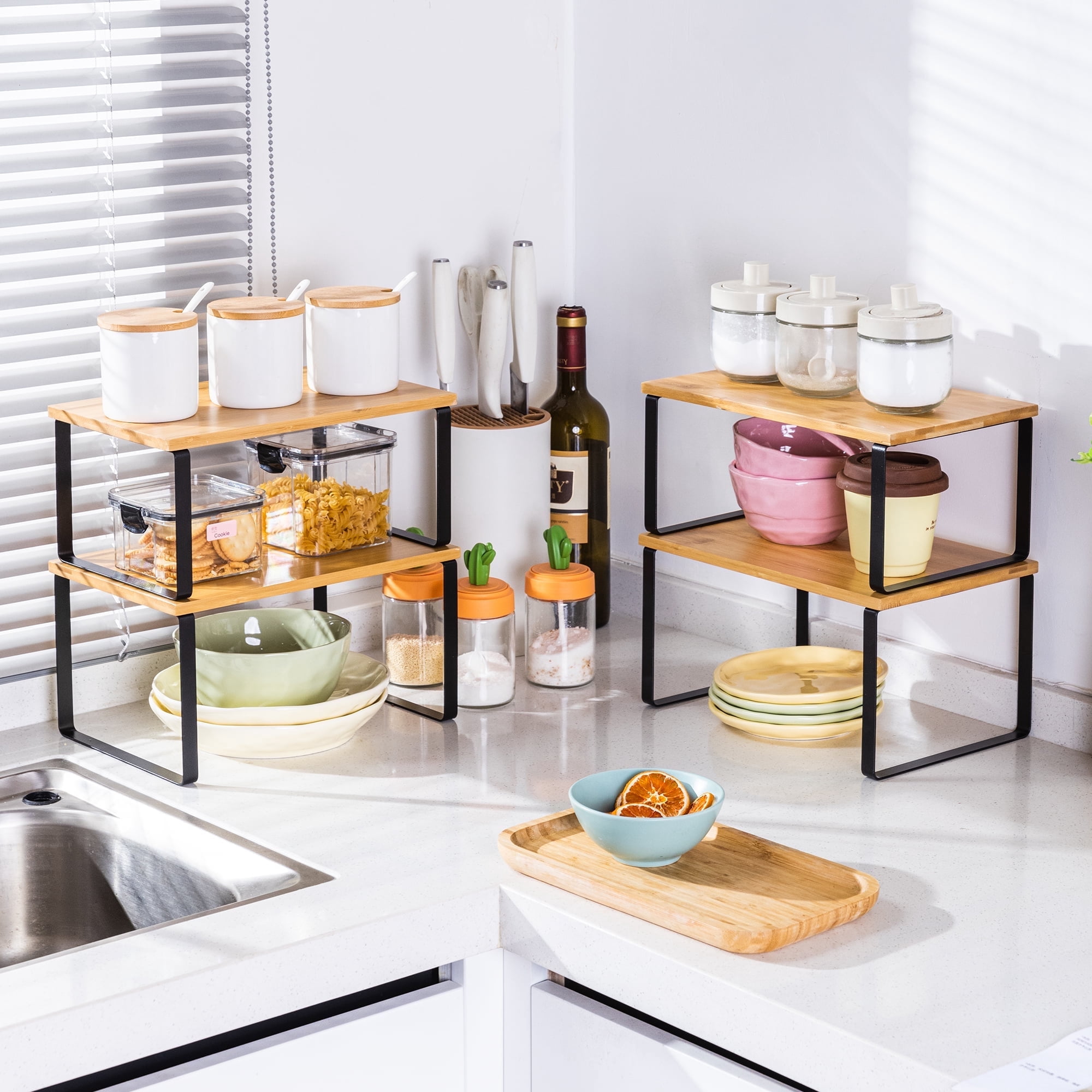 VUSIGN Cabinet Organizer Shelf, 4 Sets Kitchen Counter Shelves, Stackable Expandable Spice Rack,Cloud White and Natural Beige