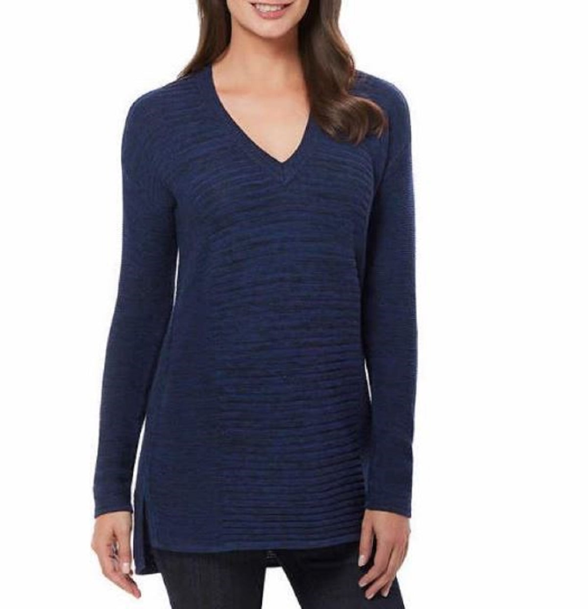 Ellen Tracy Womens VNeck Marled Knit Pullover Sweater (Admiral Blue
