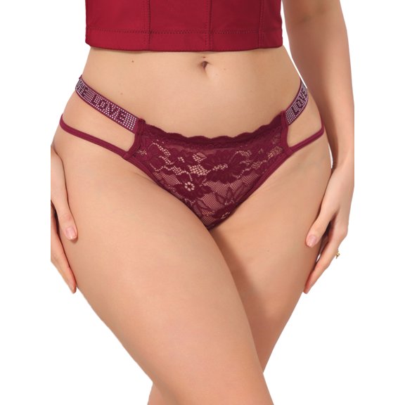 INSPIRE CHIC Women's Low Waist Shiny Tangas Letter Prints Lace Underwear Thong Small Red