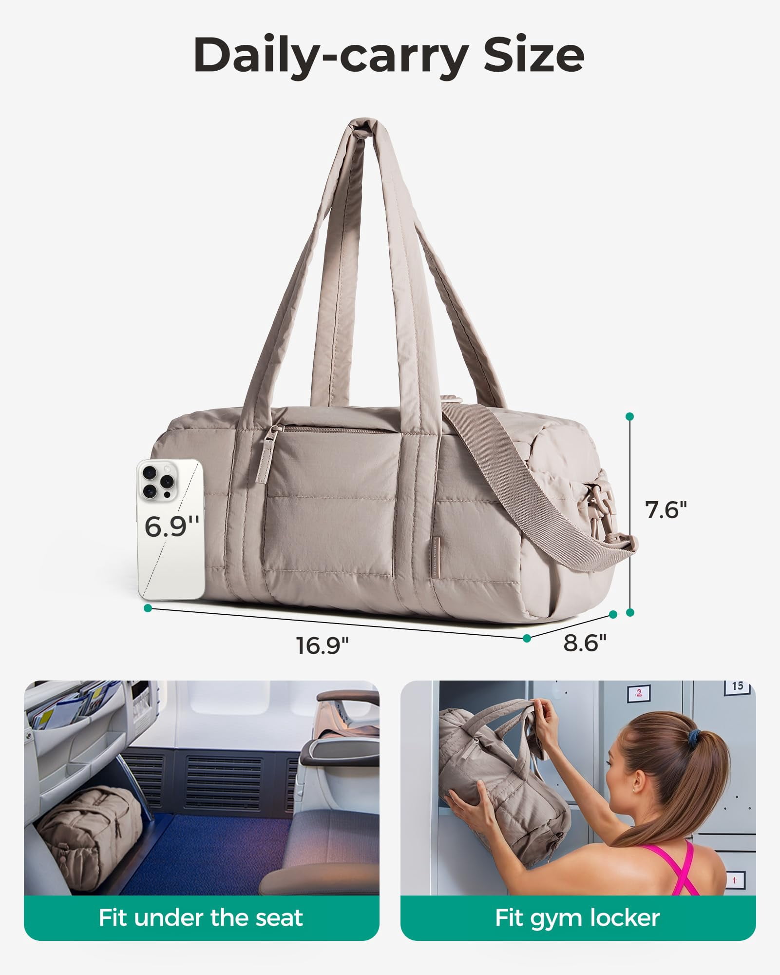 BAGSMART Reiki Gym Bag for Women, Yoga Mat Duffle Bag with Wet & Dry Pocket, Quilted Sports Bag for Weekend/Swimming, Camel