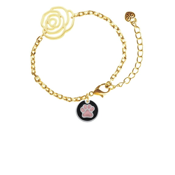 Delight Jewelry Silvertone Pink Paw on Black Disc Gold-tone Flower Link Chain Bracelet, 6.75" 2" Extender