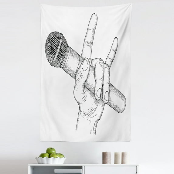 Popstar Party Tapestry, Hand Drawn High Sign for Rock Music Lovers and Microphone Sketch Art, Fabric Wall Hanging Decor for Bedroom Living Room Dorm, 5 Sizes, Black and White, by Ambesonne