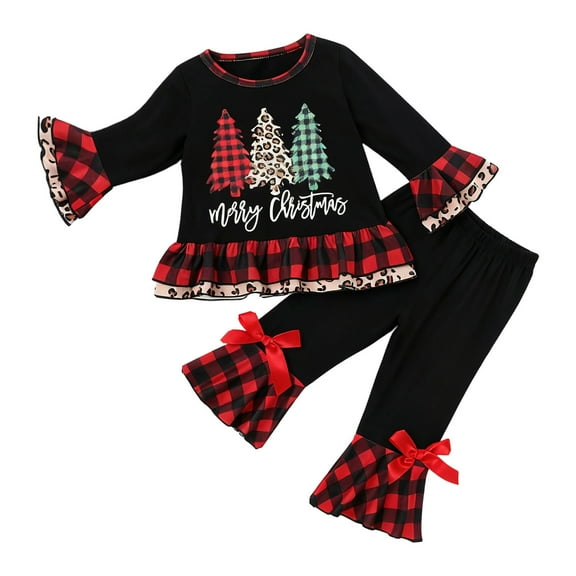CAIVO Girls Outfits 2 Piece Festive Holiday Party Wear With Elegant Flounce Hem Tops Comfortable Pants Toddler Kids Long Sleeve O-Neck Fashionable Christmas Clothing Sets