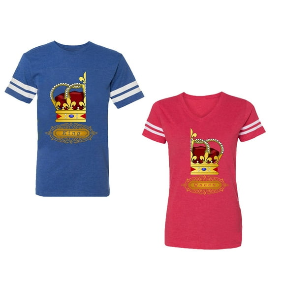 King Queen Red Gold Crown Unisex Couple Matching Cotton Jersey style T-Shirt Contrasting stripes on sleeves (Men Royal / Women Red) (Men XL / Women XL)